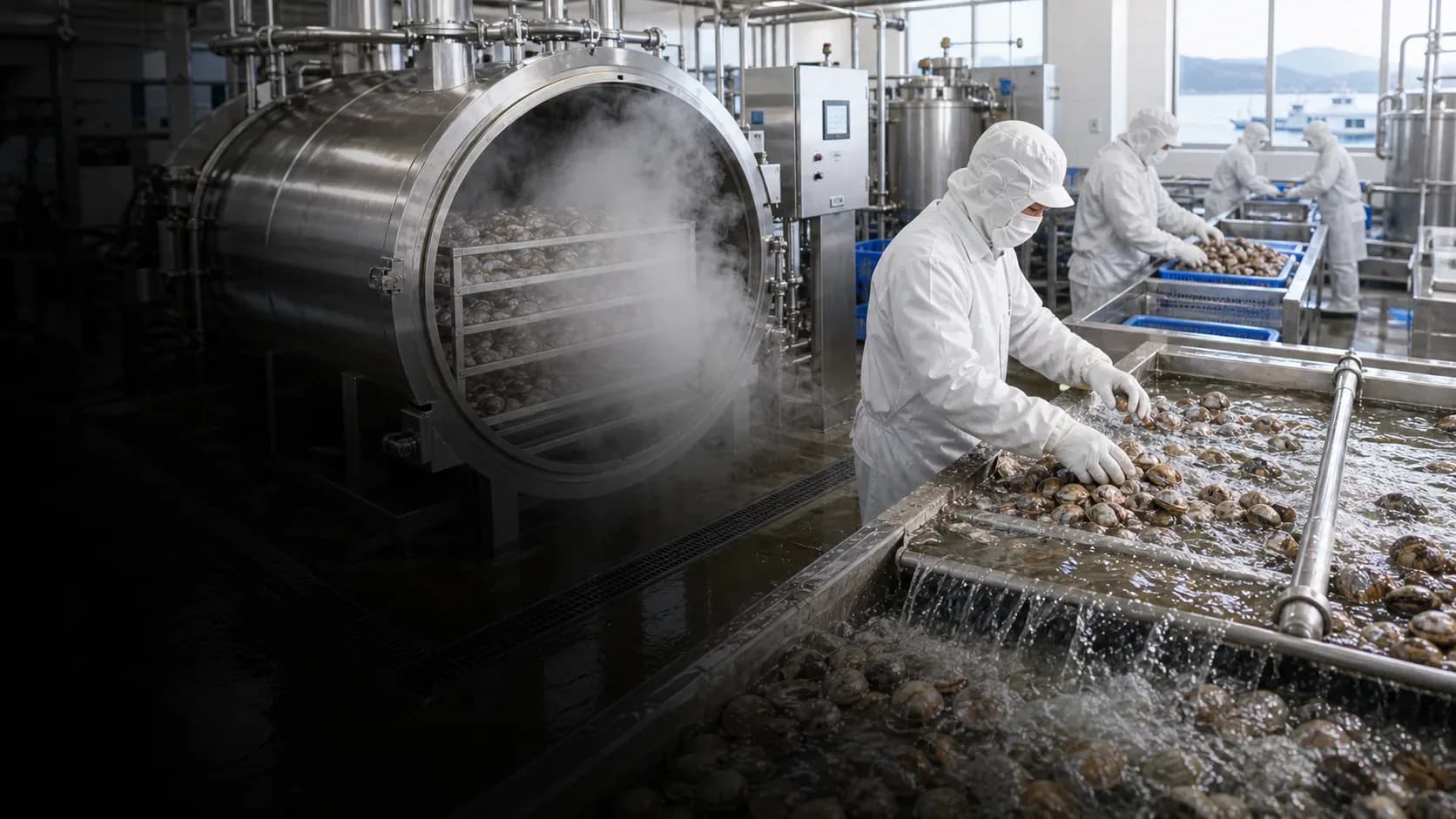 HACCP 자체 가공 공장의 고압 스팀 자숙과 선별 공정